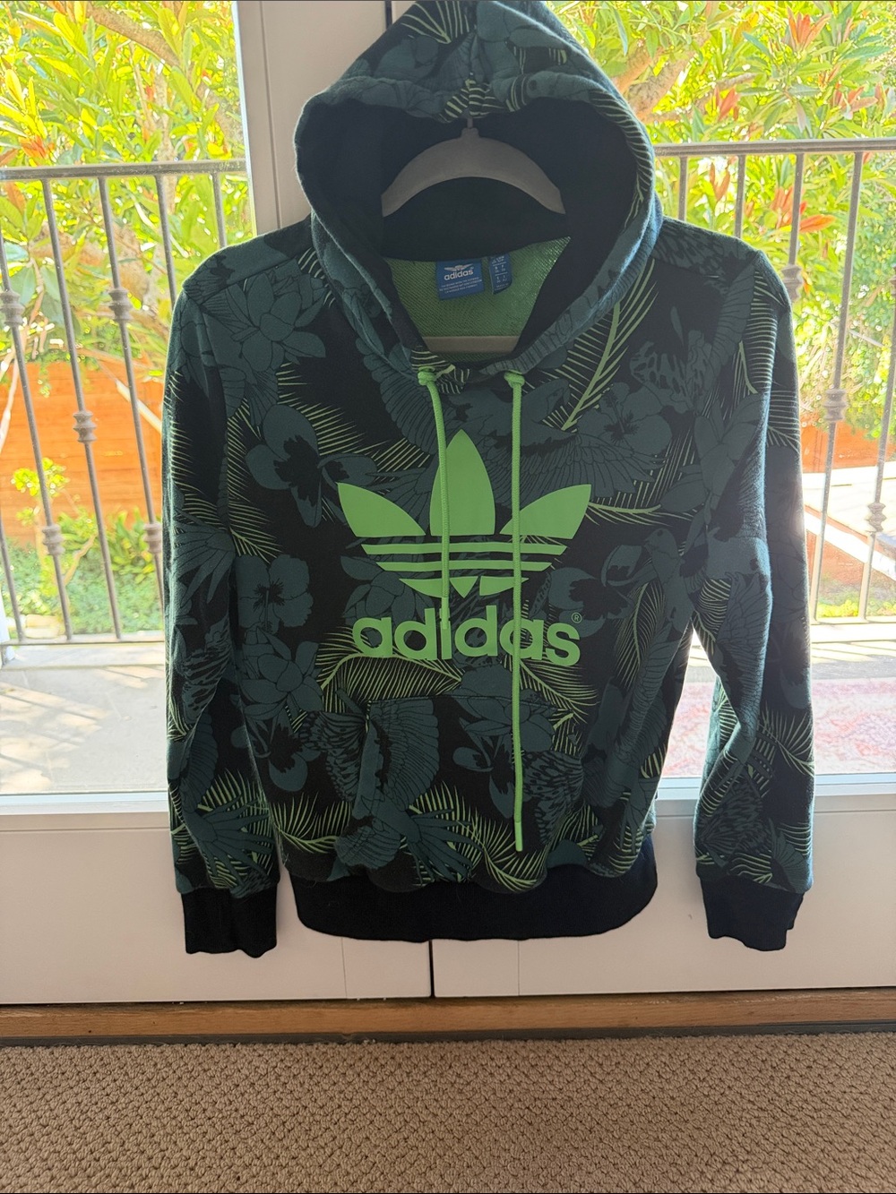 adidas Black Hoodie with Neon Green Trefoil & Tropical Print